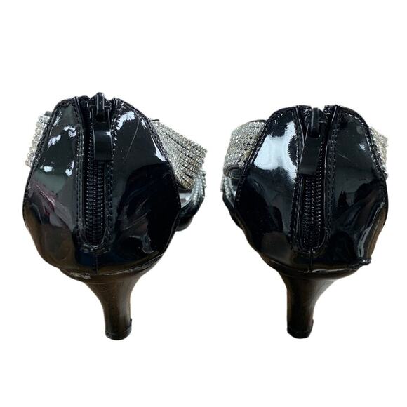 Delicacy Womens Size 9 Silver Rhinestone on Shiny Black Open Toe 3" Heel Shoes - Picture 3 of 6